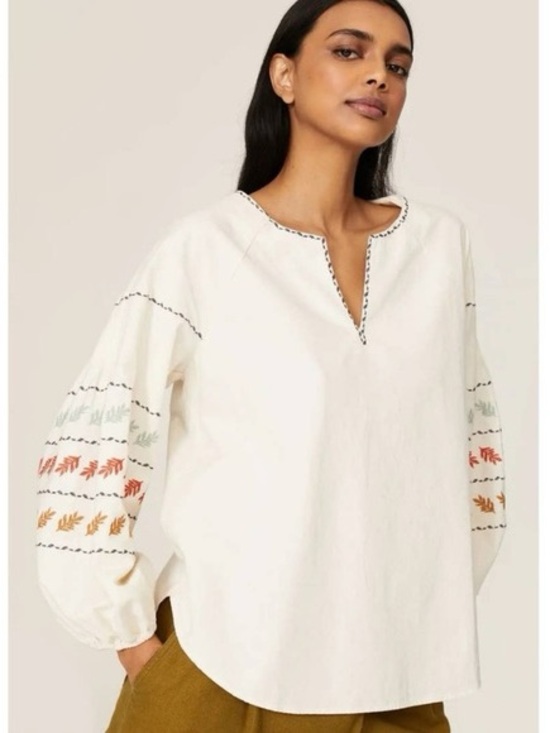 Madewell Tops - Madewell Embroidered Bohemian Ivory Peasant Blouse Size L